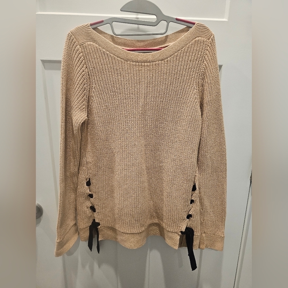 LOFT Women’s Small Tan Knit Sweater 100% Cotton Lace-Up Side Detail